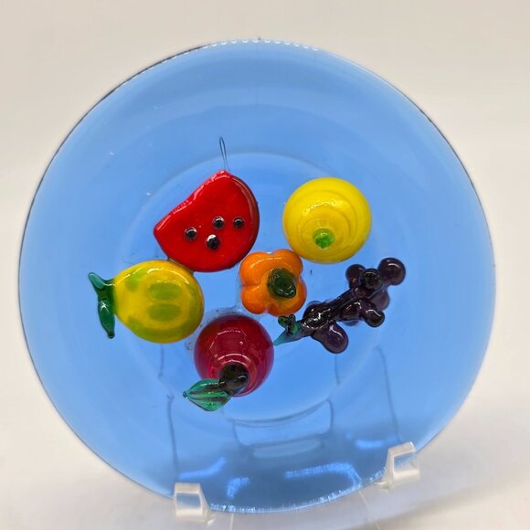 Set Of 3 Blue Glass Plates With Applied Fruit & Candy Designs 4" - Picture 4 of 9